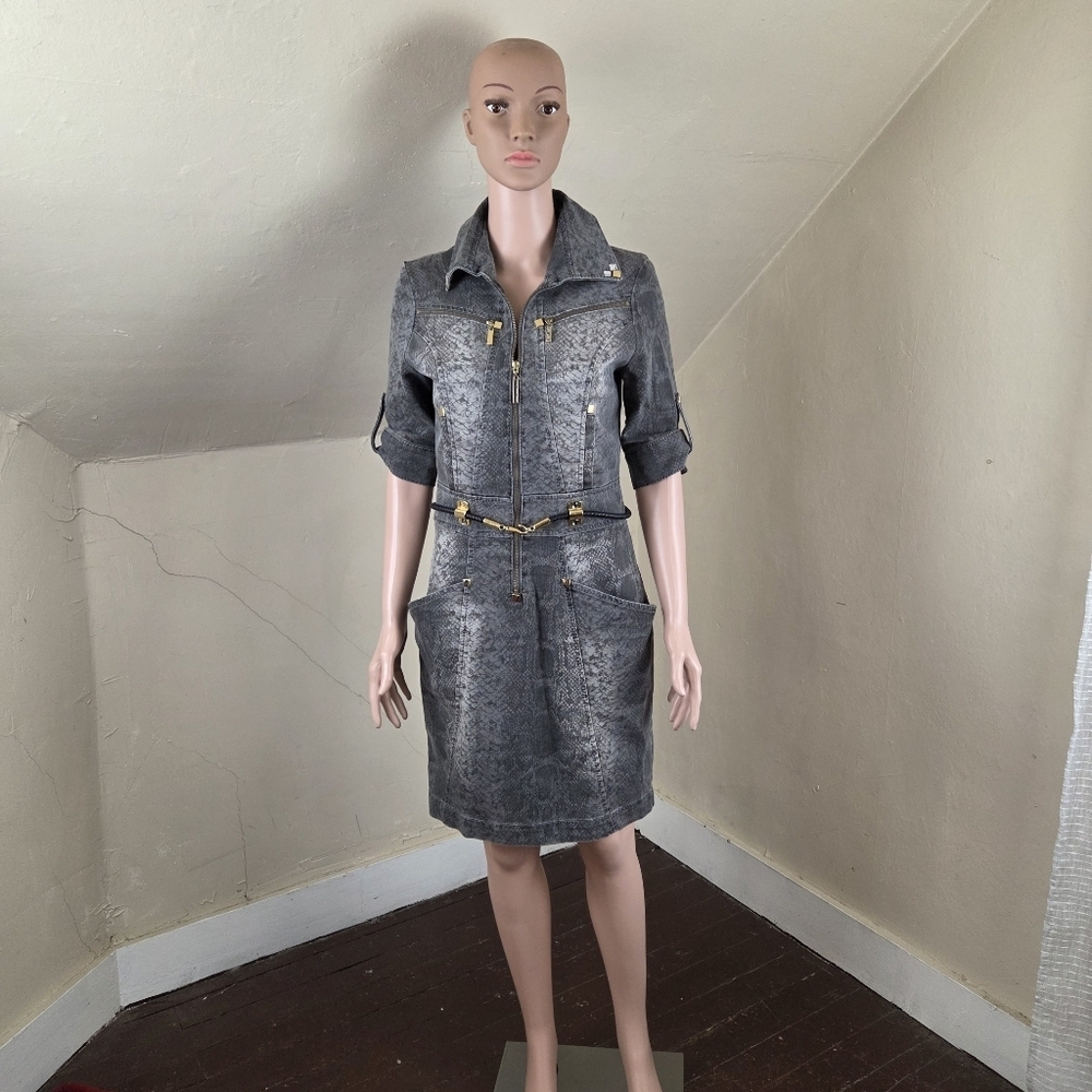 GIZIA Denim Dress Snake Print Zip Front Belted Gold Hardware Womens 38 US S NWT